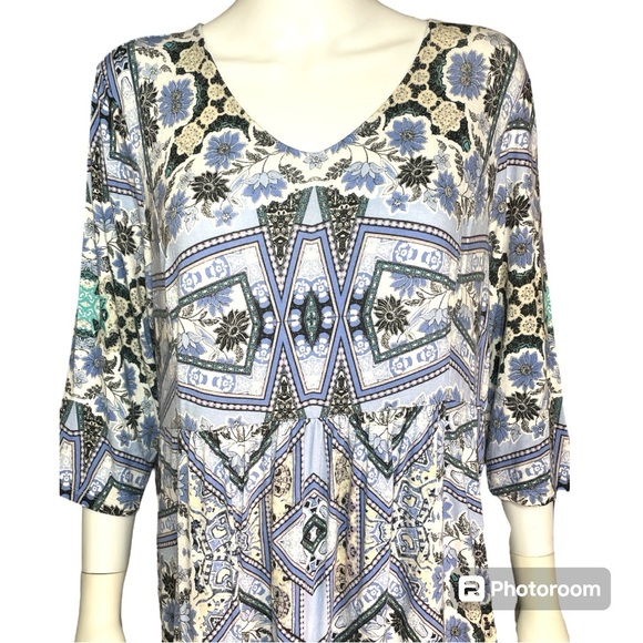 J. Jill Blue Mosaic Floral Knit Midi Shift Dress 3/4 Sleeve Women's Size LP - Picture 4 of 10